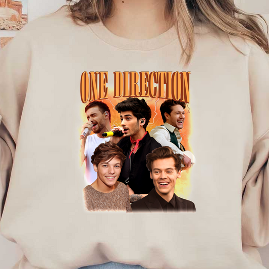 A vibrant collage featuring the popular band One Direction with dynamic performances and smiling faces of its members.DTF Transfers heat press transfers