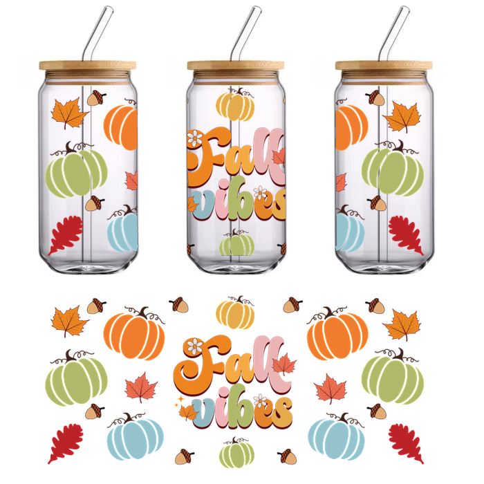 Celebrate autumn with vibrant pumpkins and colorful leaves in this cheerful "Fall Vibes" design!UV Transfers dtf transfers