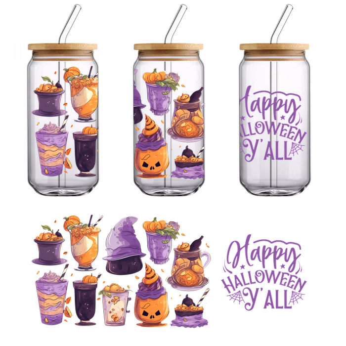 Una colección festiva de bebidas y golosinas coloridas con temática de Halloween, completa con diseños divertidos y un alegre mensaje "Feliz Halloween a todos". Transferencias UV