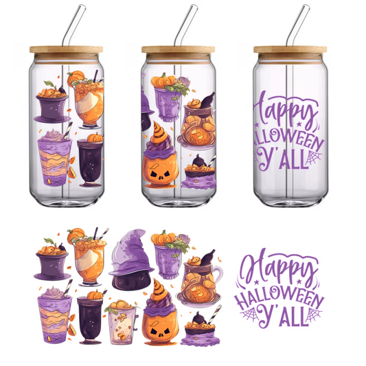 A festive collection of colorful Halloween-themed drinks and treats, complete with playful designs and a cheerful "Happy Halloween Y'all" message.UV Transfersdtf regular iron