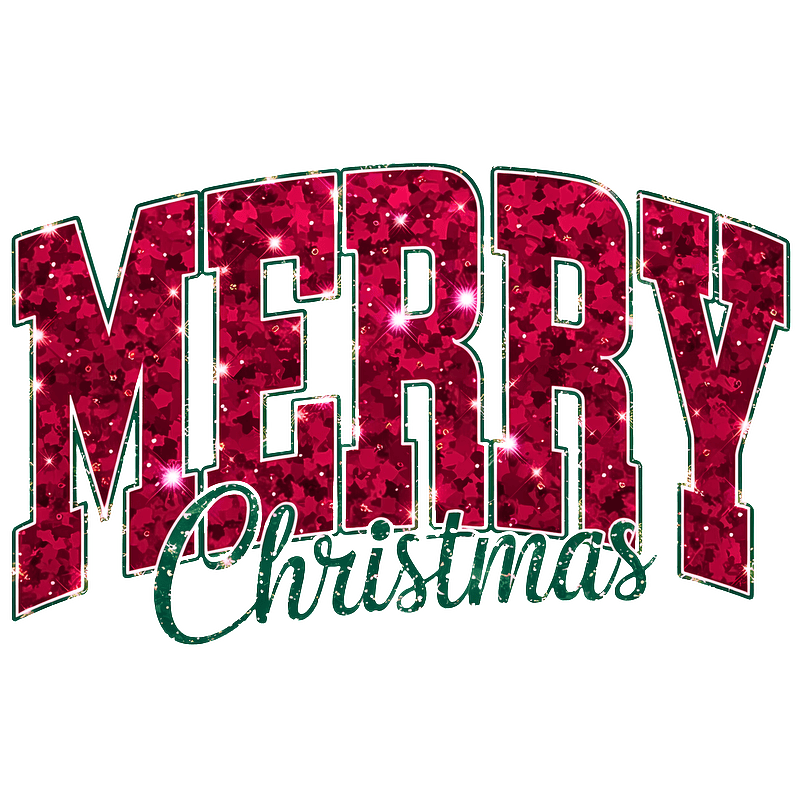 Sparkling red "Merry Christmas" graphic perfect for festive celebrations and decorations.DTF Transfers