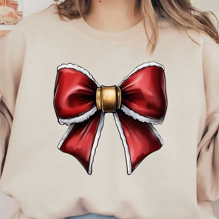 A festive red bow with white trim, elegantly cinched with a decorative gold clasp, perfect for holiday decorations.dtf regular iron