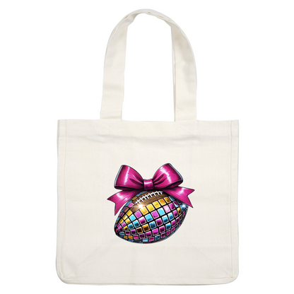 Un balón de fútbol vibrante y brillante, adornado con un gran lazo rosa y con patrones de mosaicos coloridos para una apariencia divertida y festiva.