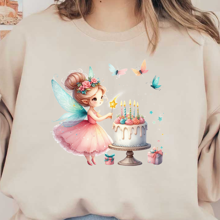 A charming fairy in a pink dress decorates a colorful birthday cake with flowers and candles, surrounded by butterflies and gifts.DTF Transfers