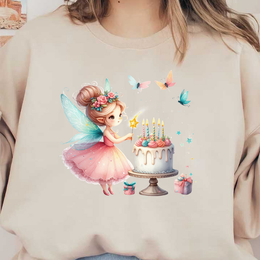 A charming fairy in a pink dress decorates a colorful birthday cake with flowers and candles, surrounded by butterflies and gifts.DTF Transfers
