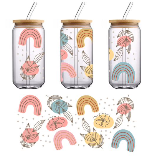 A whimsical design featuring colorful rainbows and flowers with delicate outlines, perfect for playful and vibrant decor.UV Transfers dtf prints