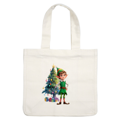 A cheerful young elf stands beside a decorated Christmas tree, surrounded by colorful gifts and twinkling lights.DTF Transfers heat press transfers