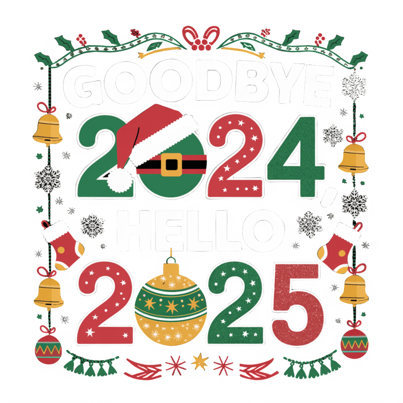 Celebrate the transition from 2024 to 2025 with this festive, colorful design featuring holiday motifs like ornaments and snowflakes!DTF Transfers