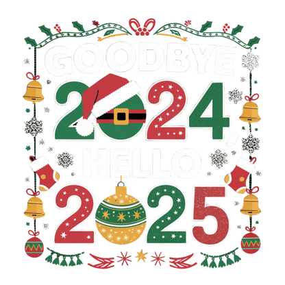 Celebrate the transition from 2024 to 2025 with this festive, colorful design featuring holiday motifs like ornaments and snowflakes!DTF Transfers