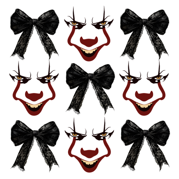 A playful pattern featuring mischievous faces with bold expressions and ornate black bows, perfect for a spooky or festive theme. heat press transfers