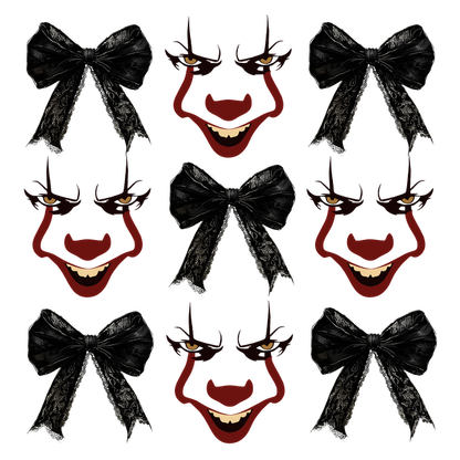 A playful pattern featuring mischievous faces with bold expressions and ornate black bows, perfect for a spooky or festive theme. heat press transfers