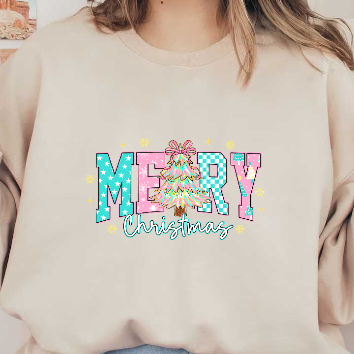 Festive "Merry Christmas" design featuring a colorful tree and playful typography.DTF Transfers