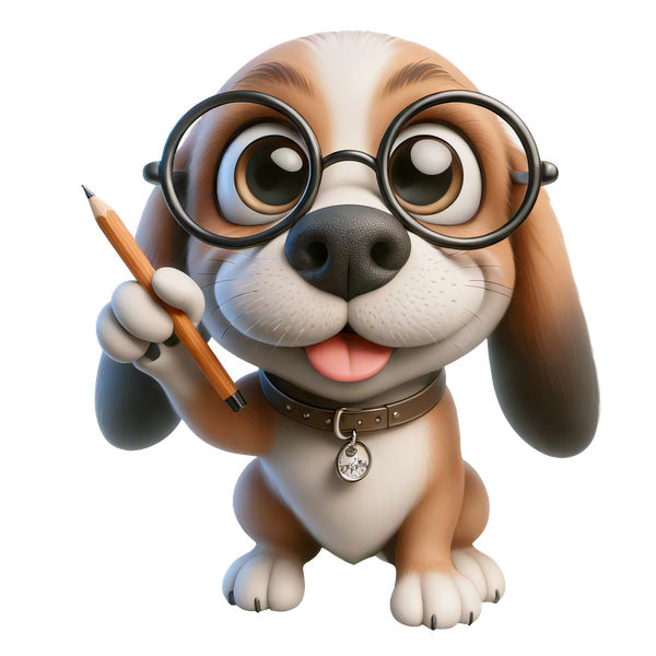 Un lindo beagle de dibujos animados con gafas sostiene un lápiz y muestra una personalidad adorable y juguetona.