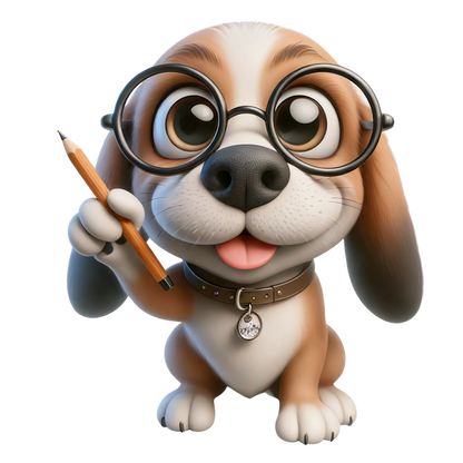 Un lindo beagle de dibujos animados con gafas sostiene un lápiz y muestra una personalidad adorable y juguetona.