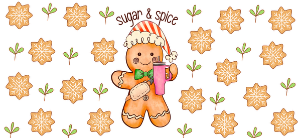 Cheerful gingerbread character wearing a Santa hat holds a drink, surrounded by snowflakes and festive decorations. Perfect for holiday cheer!UV Transfersdtf regular iron