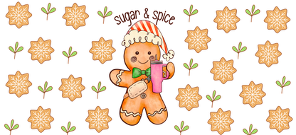 Cheerful gingerbread character wearing a Santa hat holds a drink, surrounded by snowflakes and festive decorations. Perfect for holiday cheer!UV Transfersdtf regular iron