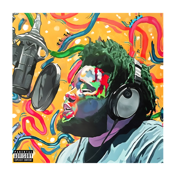 A vibrant digital illustration of a singer in a recording studio, capturing an expressive moment with colorful, abstract background elements.DTF Transfers dtf transfers