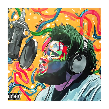 A vibrant digital illustration of a singer in a recording studio, capturing an expressive moment with colorful, abstract background elements.DTF Transfers dtf transfers