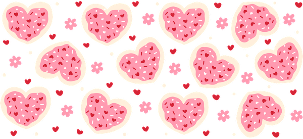 Pink heart patterned decorative wallpaper with flower designs.UV Transfers