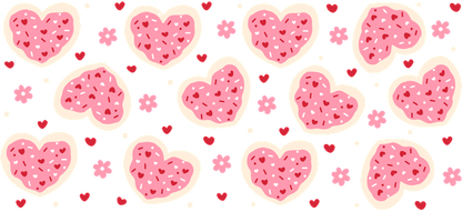 Pink heart patterned decorative wallpaper with flower designs.UV Transfers