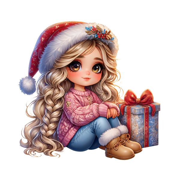 A cute, festive character with long, flowing hair, wearing a cozy sweater and Santa hat, sitting by a wrapped gift.DTF Transfers dtf prints