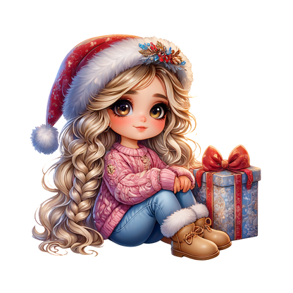 A cute, festive character with long, flowing hair, wearing a cozy sweater and Santa hat, sitting by a wrapped gift.DTF Transfers dtf prints