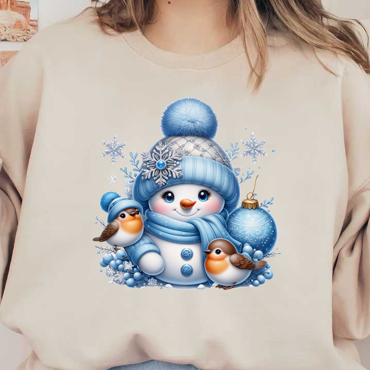 A cheerful snowman dressed in cozy blue attire, surrounded by two birds and festive decorations, radiates winter charm.DTF Transfersdtf regular iron