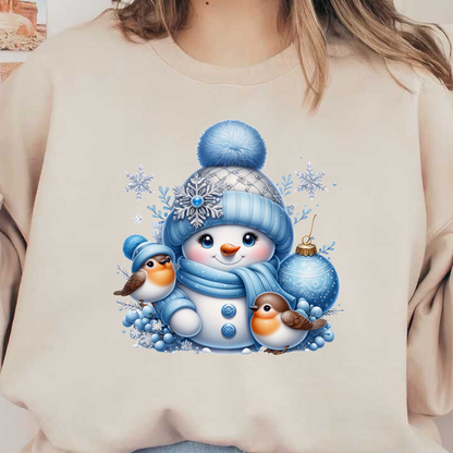 A cheerful snowman dressed in cozy blue attire, accompanied by two friendly birds amidst a festive winter backdrop.DTF Transfersdtf regular iron