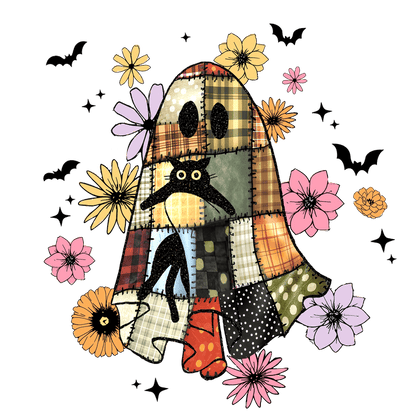 A whimsical patchwork ghost adorned with flowers and a playful cat.DTF Transfers