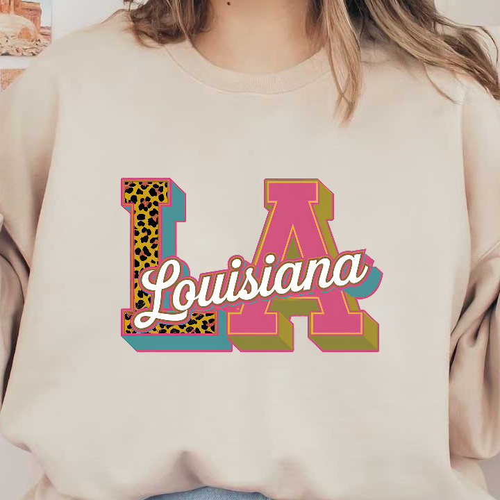 Colorful and stylish "I Louisiana" graphic featuring bold letters with leopard print and vibrant accents, perfect for showcasing Louisiana pride!DTF Transfers