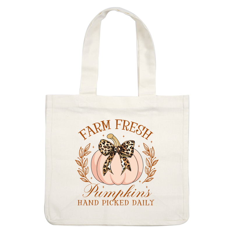 A stylish graphic featuring a soft pink pumpkin adorned with a leopard-print bow, emphasizing fresh, handpicked pumpkins.dtf regular iron