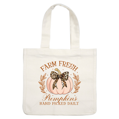 A stylish graphic featuring a soft pink pumpkin adorned with a leopard-print bow, emphasizing fresh, handpicked pumpkins.dtf regular iron