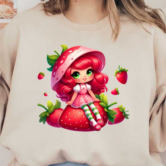 A cute, animated character with strawberry-themed attire and vibrant red hair, surrounded by colorful strawberries.DTF Transfers