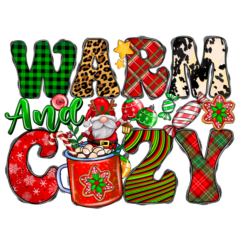 This festive design features the phrase "Warm and Cozy" with cheerful holiday motifs, including a jolly Santa and a decorated mug.DTF Transfersdtf regular iron