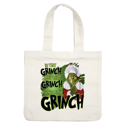 A whimsical illustration of the Grinch in a Santa outfit, pondering with a cheeky expression, surrounded by playful text.DTF Transfersdtf regular iron