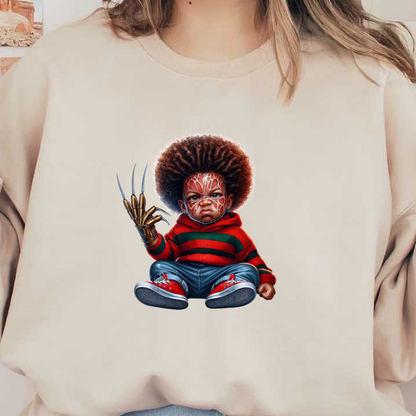 Una representación lúdica de un niño con peinado afro, vestido con un suéter de rayas rojas y verdes y guantes con garras metálicas.