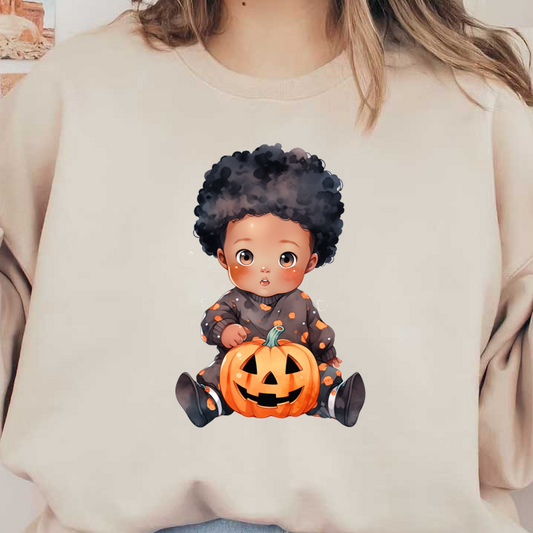 Un lindo bebé con cabello rizado se sienta junto a una sonriente linterna de Halloween, vestido con un acogedor atuendo con temática de Halloween.