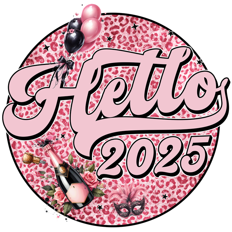 Celebrate 2025 in style with this vibrant, pink leopard print design featuring champagne, balloons, and a festive mask!DTF Transfers dtf transfersdtf regular iron dtf transfers