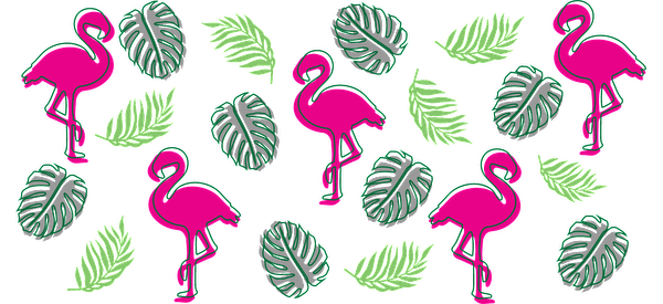 A vibrant pattern featuring pink flamingos and lush green leaves, perfect for adding a tropical flair to any design!UV Transfers dtf transfers