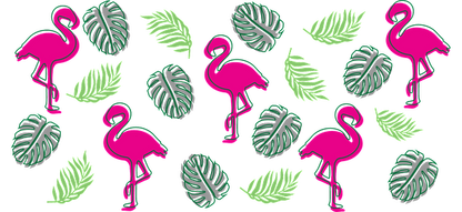 Un patrón tropical vibrante con flamencos rosados ​​y exuberantes hojas verdes, ¡perfecto para un ambiente alegre de verano! Transferencias UV