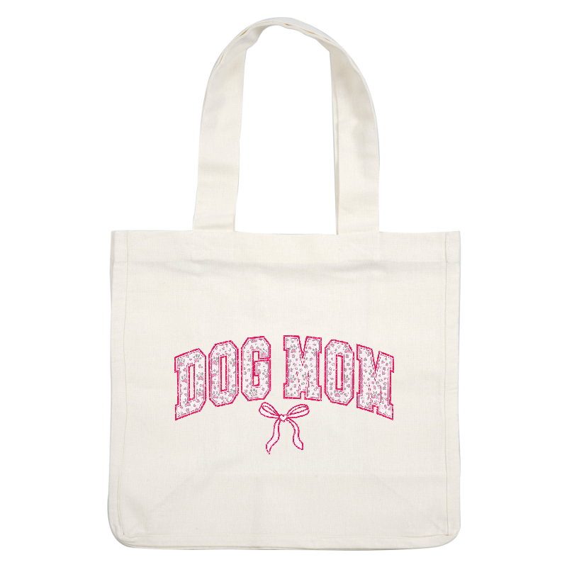 "Dog Mom" pink and white bow and paw print design on a green background.DTF Transfers