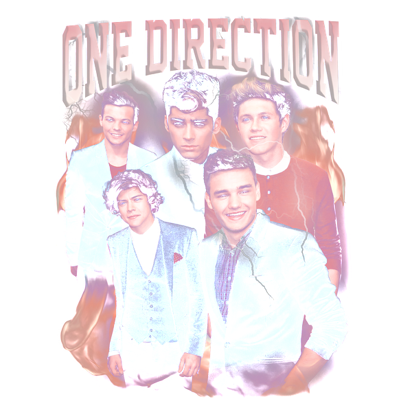 Un gráfico vibrante que presenta a la banda One Direction, mostrando a los miembros con atuendos elegantes con efectos coloridos. Transferencias DTF