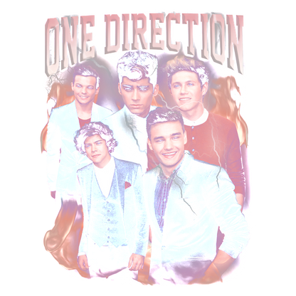 Un gráfico vibrante que presenta a la banda One Direction, mostrando a los miembros con atuendos elegantes con efectos coloridos. Transferencias DTF