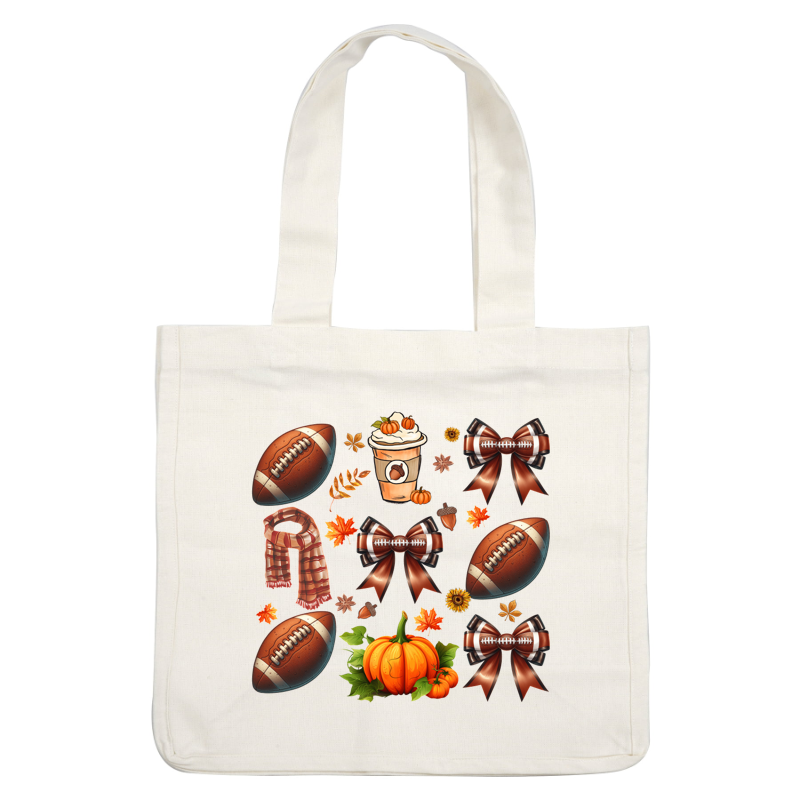 A vibrant fall-themed collage featuring footballs, a pumpkin spice drink, autumn leaves, and decorative bows, perfect for seasonal celebrations.dtf regular iron