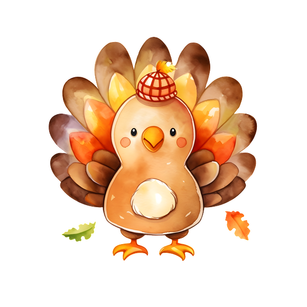 A cheerful cartoon turkey with colorful feathers and a cute plaid hat, perfect for fall festivities! dtf transfers heat press transfers