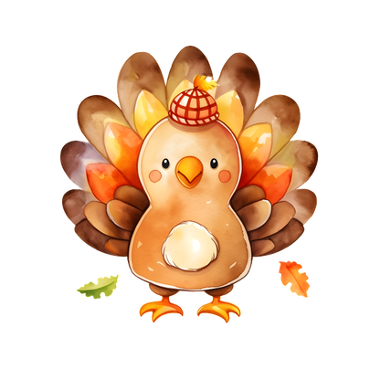 A cheerful cartoon turkey with colorful feathers and a cute plaid hat, perfect for fall festivities! dtf transfers heat press transfers