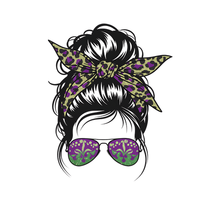 A stylish illustration featuring a chic bun hairstyle adorned with a leopard print scarf and vibrant sunglasses with a floral design.DTF Transfers