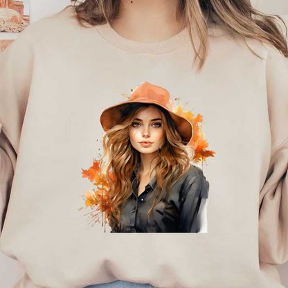 A beautiful portrait of a woman with long, wavy hair, wearing an orange hat and a black shirt, surrounded by autumn leaves.dtf regular iron