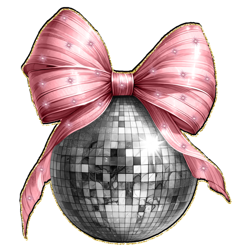 A festive disco ball adorned with a stylish pink bow, perfect for adding sparkle to any celebration!DTF Transfers heat press transfers