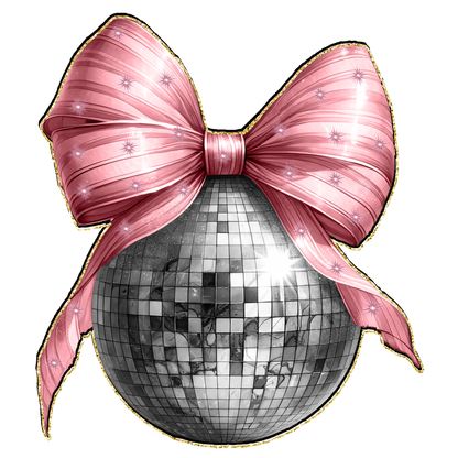 A festive disco ball adorned with a stylish pink bow, perfect for adding sparkle to any celebration!DTF Transfers heat press transfers